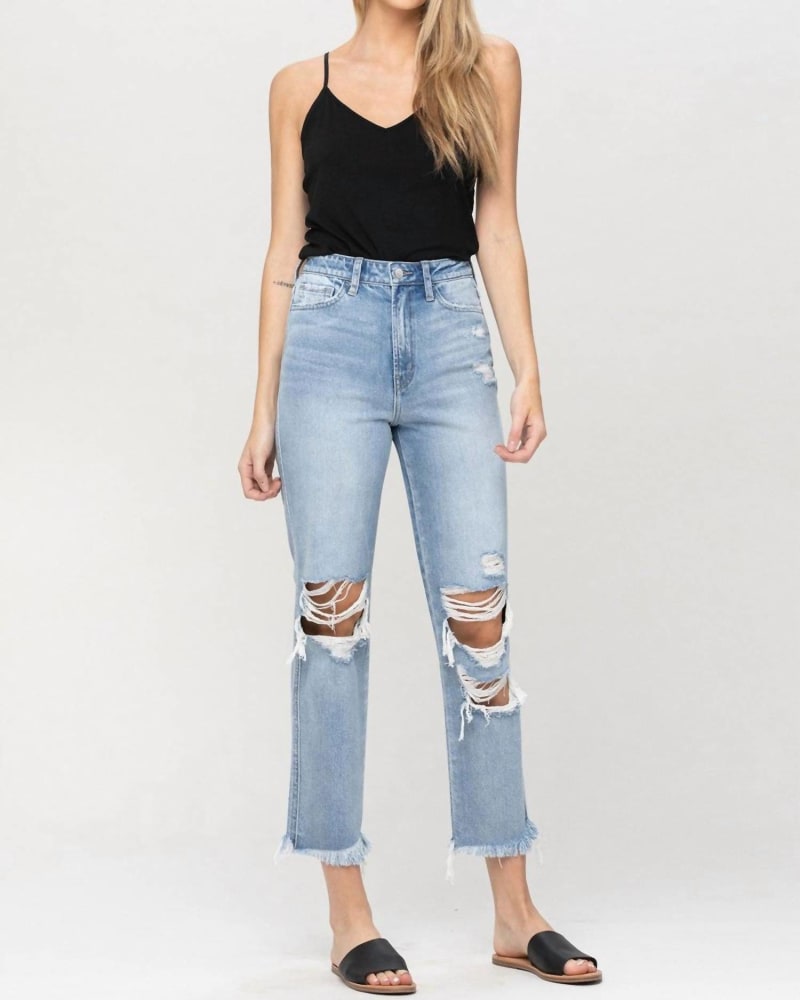 Front of a model wearing a size 26 Paradise Super High Rise Jean in Light Wash in Light Wash by FLYING MONKEY. | dia_product_style_image_id:326049